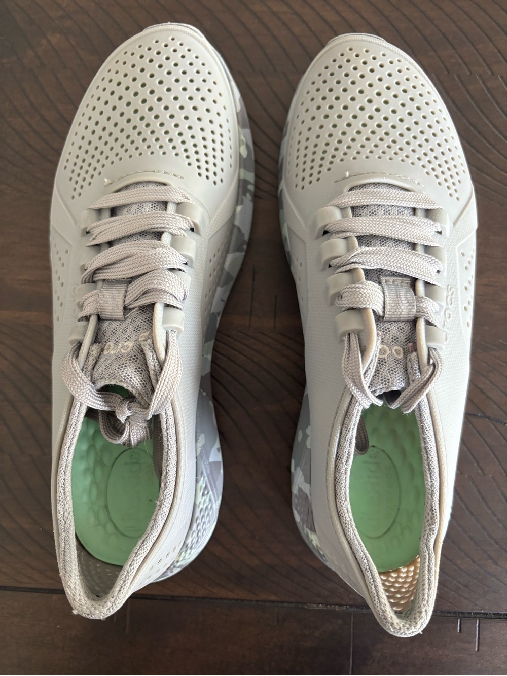CROCS Women's Perforated Lace-Up Sneakers in Light Taupe with Green Insole